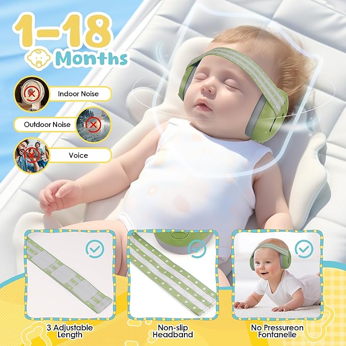 Empireway Baby Ear Muffs Noise Protection 2-in-1 for Infants & Toddlers to 1-48 Months,Adjustable, Lightweight,Foldable Noise Cancelling Headphones,GS010-Green