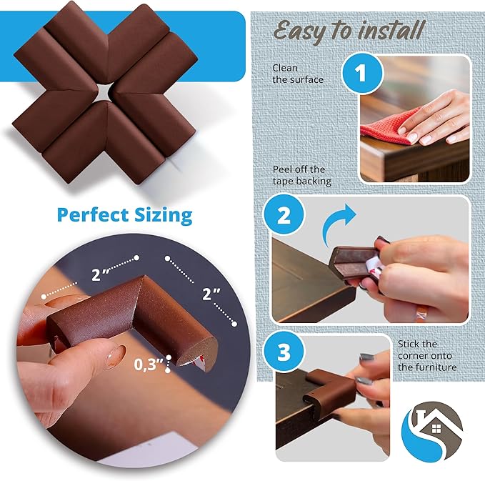 12-Pack Baby Proofing Corner Protectors, Furniture Corner and Edge Safety Bumpers, Soft Rubber Foam Cushion Covers, 3M Taped Corner Guards, Baby Child Proofing Pads for Tables & Furniture, Brown