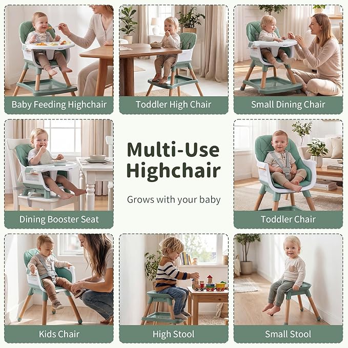 BABY JOY 8-in-1 High Chair, Convertible Wooden Highchairs for Babies and Toddlers | Dining Booster Seat | Toddler Stool, Double Removable Tray, 5-Point Safety Harness & Waterproof PU Cushion (Green)