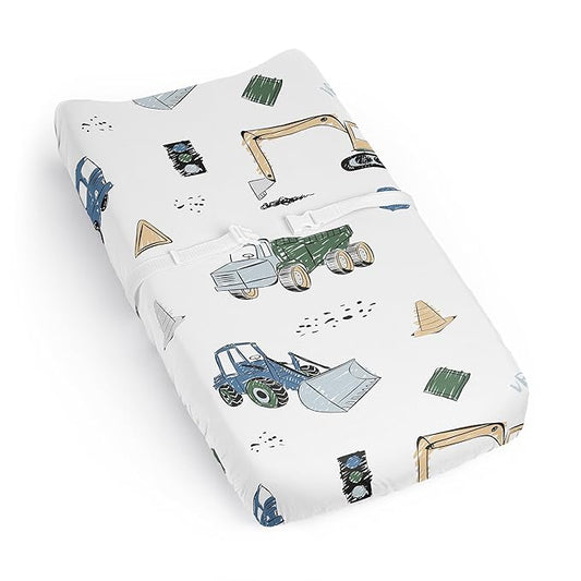 Sweet Jojo Designs Baby Changing Pad Cover Sheet (Construction Truck) for Boys, Infant/Newborn Diaper Change Table Mat Covers (Green and Blue, Transportation Zone, Vehicles, Bulldozer, Tractor, Crane)