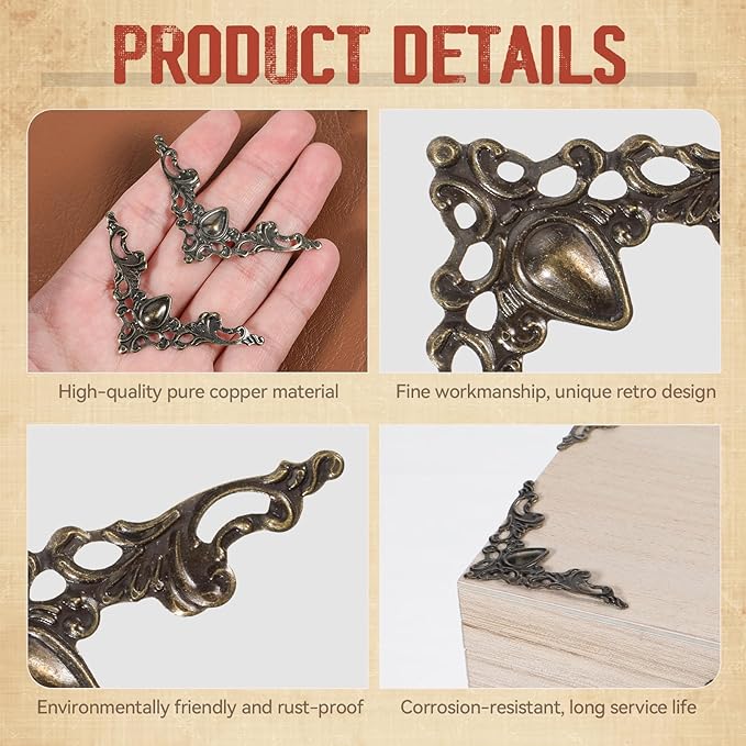 50 Solid Pure Copper Box Corner Protectors, Antique Bronze Edge Decorative Protectors Retro Table Edge Cover Cabinet Furniture Scrapbooking Desktop