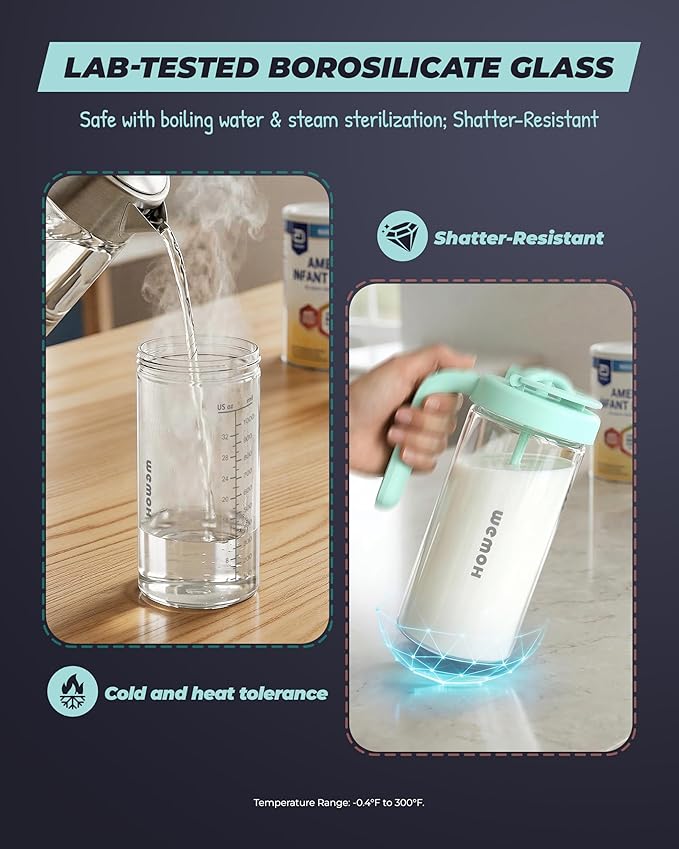 Borosilicate Glass Formula Mixing Pitcher – 32oz True Mixing Capacity, Time Dial for Freshness Tracking, Dishwasher-Safe, BPA-Free Lid, Perfect for Breastmilk Pitcher Method & Multi-Baby Feeding