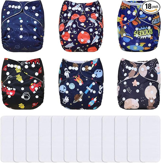 TDIAPERS Cloth Diapers Reusable Washable Pocket Diapers Cover One Size Adjustable for Baby 6 Pack with 12 Inserts