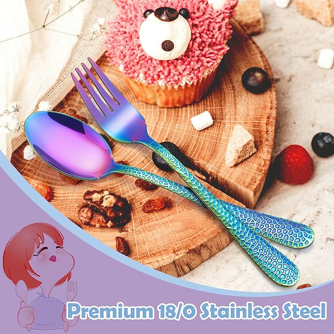 E-far Toddler Forks and Spoons Set, 10-Piece Stainless Steel Toddler Utensils Kids Safe Silverware for Self Feeding, Healthy & Non-Toxic, Rainbow