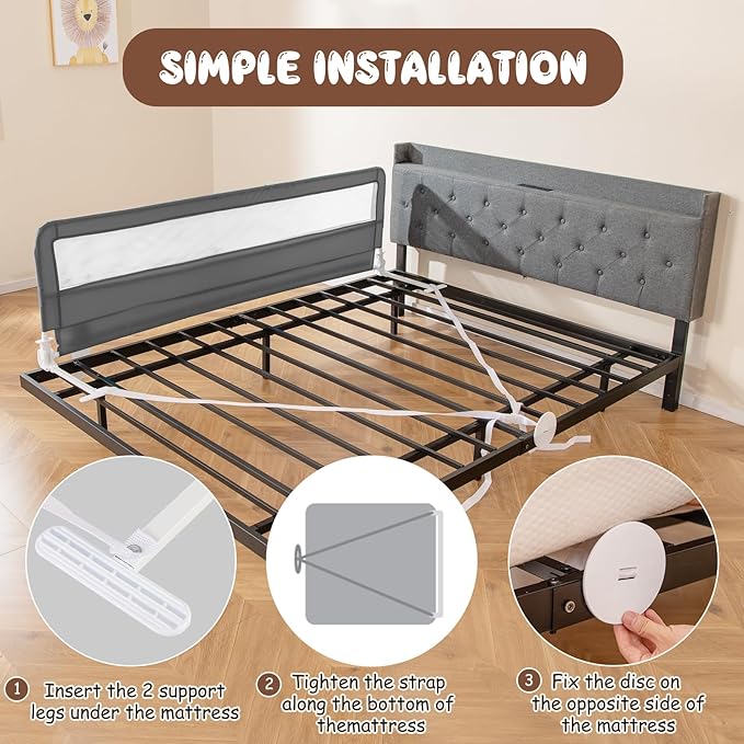 GLACER Foldable Bed Rail for Toddlers - 71" Bedrail w/Safety Straps, Child Lock & Removable Oxford Cover, Swing Down Baby Bed Rail Guard for Crib, Full, Twin, Double, Queen & King Bed (Grey, 1 Pack)