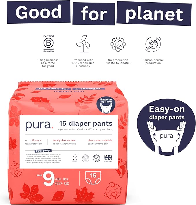 Pura Hypoallergenic Diaper Pants Size 9 (48+ lbs) Overnight, up to 12 Hours Leak Protection, Suitable for Sensitive Skin, Totally Chlorine Free, Soft Organic Cotton, 1 Pack of 15 Pull Up Pants
