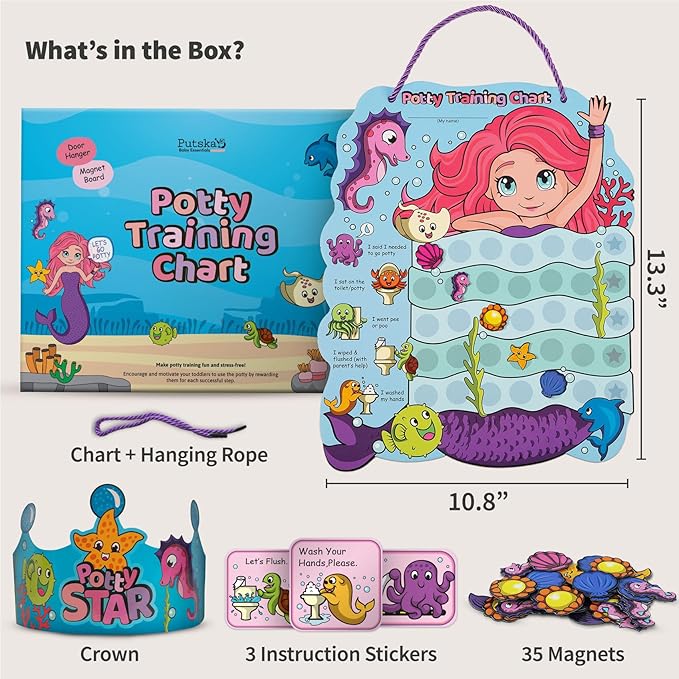 PUTSKA Potty Training Reward Chart for Girls with 35 Reusable Stickers – Potty Chart for Toddlers Girls - Reward Chart for Kids for Toilet Success - Mermaid