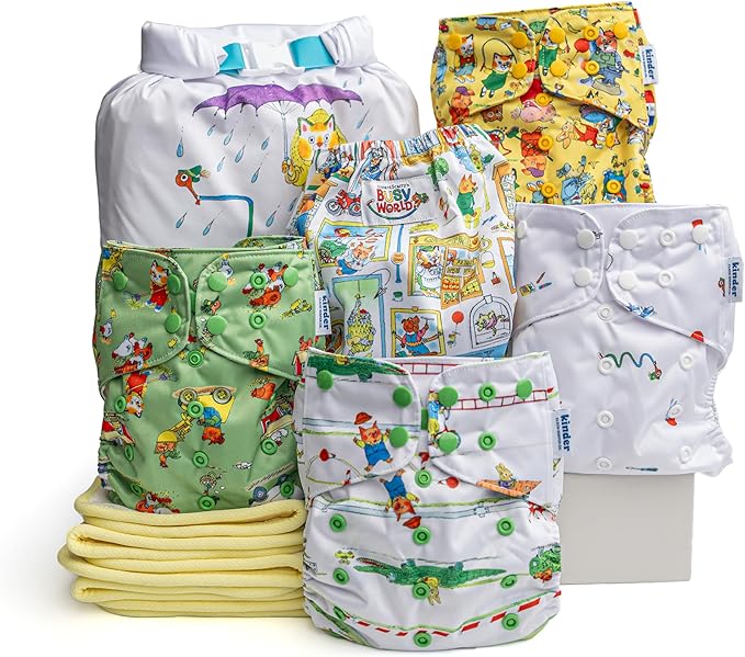 Kinder Cloth Diapers Reusable Baby Diapers Pocket Style Athletic Wicking Jersey, Bamboo Viscose Inserts, Wet Bag, Newborn to Potty Training 7-60lbs, One Size (Richard Scarry, 5 Pack, with Inserts)
