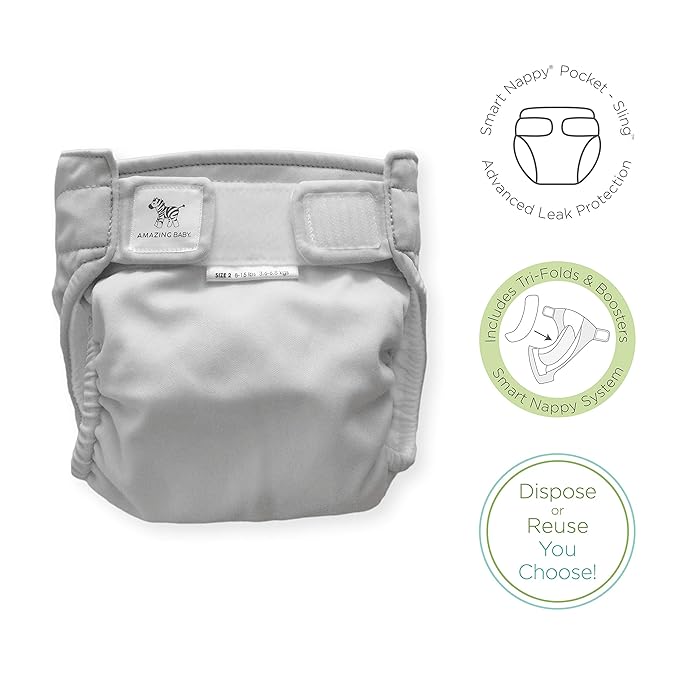 SmartNappy by Amazing Baby, NextGen Hybrid Cloth Diaper Cover + 1 Tri-fold Reusable Insert + 1 Reusable Booster, Gray, Solid, Size 2, 8-15 lbs (Pack of 2)
