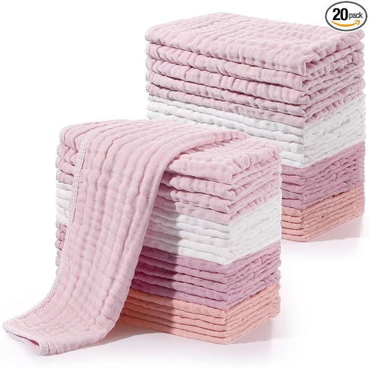 Buryeah Muslin 20 Pcs Burp Cloths Large 20" x 10" 100% Cotton 6 Layers Ultra Absorbent and Soft Hand Washcloths for Baby Drool and Messes Gentle Burp Cloth for Boys & Girls(Sweet Colors)
