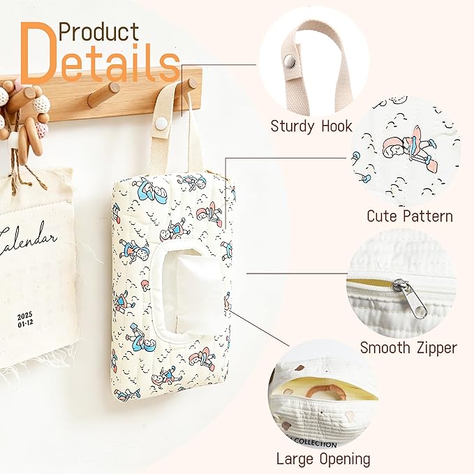 Quilted Baby Wipe Holder Floral Diaper Pouch Portable Quilted Wipes Bag for Car, Stroller
