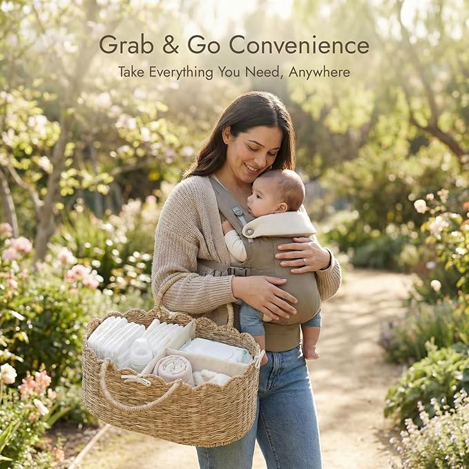 YANGQIHOME Diaper Caddy Organizer, Seagrass Nursery Baby Basket for Baby Essentials, Scalloped Wicker Diaper Caddy, Baby Shower Gifts (MeadowNest)