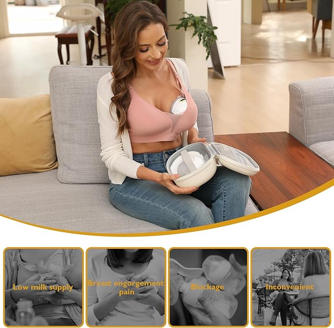 F6 Hands-Free Breast Pump: Wearable Double Breastpump with Upgraded App Control – Personalized 3 Modes & 9 Levels | Smart Display | Strong Suction 24/21/19/17/15mm Soft Silicone Cushion Insert Yellow