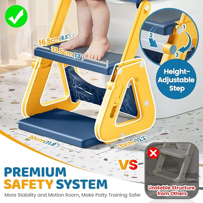 Orzbow Potty Training Seat | Upgrade Toddler Potty Training Toilet with Step Stool, 2-in-1 Stability Toilet Seat for Boys Girls | with Splash Guard, Anti-Slip Pad, Ladder, and Height Adjustable, Blue