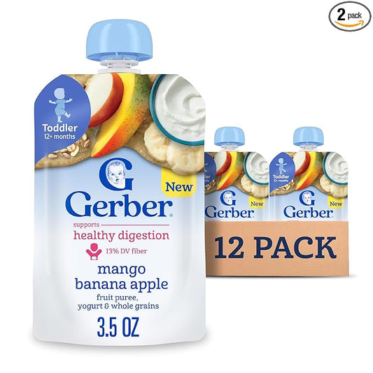 Gerber Toddler Food, Baby Food Pouches for Toddlers, Mango Banana Apple, Fruit Puree, Yogurt & Whole Grains, Fiber Helps Support Healthy Digestion, No Artificial Flavors, 3.5oz each (Pack of 12)