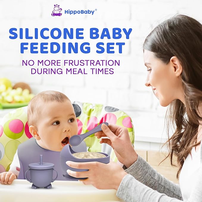 HippoBaby Baby Led Weaning Supplies | 10 Piece Silicone Feeding Set | Baby Toddler Bib Cup Divided Plate and Bowl Self Feeding Spoons Dish Set | Baby Utensils | Toddler Feeding Supplies (Lavender)