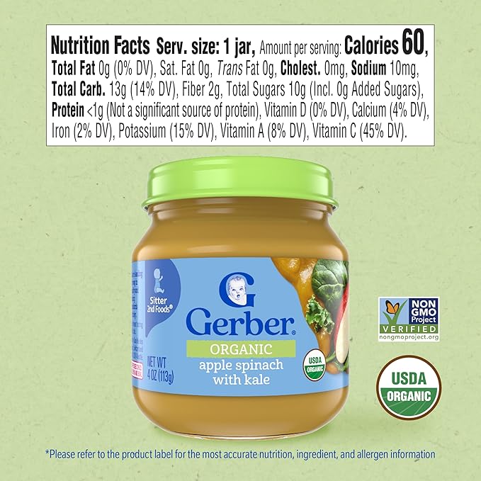 Gerber Stage 2 Baby Food, Organic Apple Spinach with Kale Jar, Fruit & Veggie Puree, Vitamin C, Non-GMO, Baby Food Puree Jars Glass, 10-pack