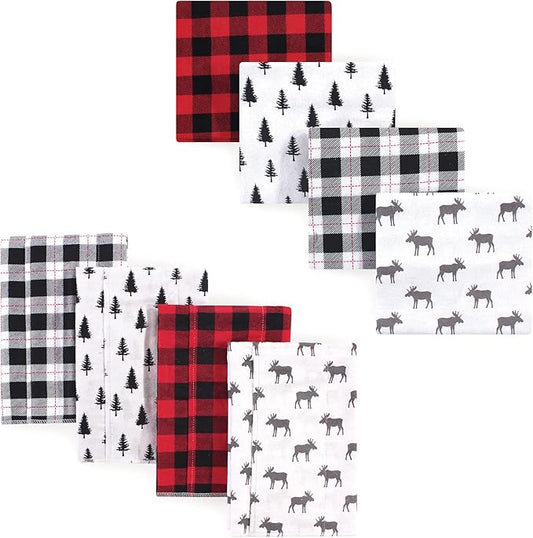Hudson Baby Unisex Baby Cotton Flannel Burp Cloths and Receiving Blankets, 8-Piece, Moose, One Size