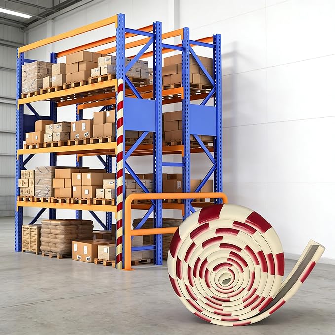 Wall Edge Corner Guards, 196.9in/5m Red White Safety Bumpers, Self-Adhesive Foam Protector Padding, Warehouse Racks, Shelves, Garage & Equipment Protection (1, Red+White, 196.5in/5m)