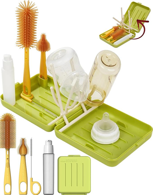 Travel Bottle Cleaner kit, 7in1 Baby Travel Essential Silicone Travel Bottle Brush Set Nipple Drying Rack, Straw Breast Pump Cleaning Soap Dispenser Organizer Case Mon Gift (New Green)