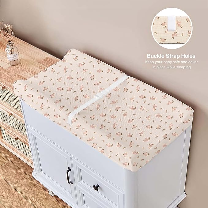 Mi Flor 4 Pack Muslin Changing Pad Cover 16x32x5 inches – Ultra Soft CPC Certified Baby Changing Table Cover with Elastic Corners, 360° Fit, Lightweight, Breathable, Fits Most Changing Pads