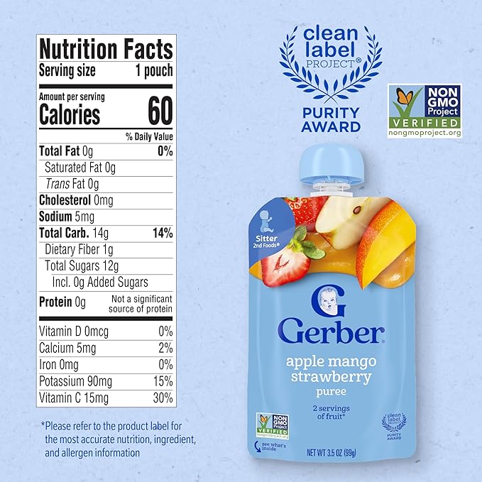 Gerber Stage 2 Baby Food, Apple Mango Strawberry Puree Pouch, 2 Servings of Fruit, No Added Sweetener, No Artificial Colors or Flavors, 12-Pack