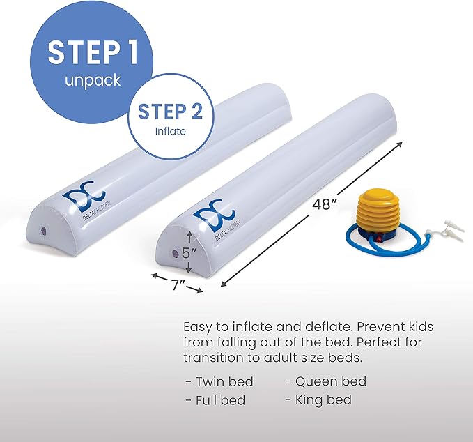Delta Children Inflatable Bed Rails for Toddlers & Kids with Foot Pump (2 Pack) - Leak-Proof Portable Guardrails Great for Travel or at Home, White