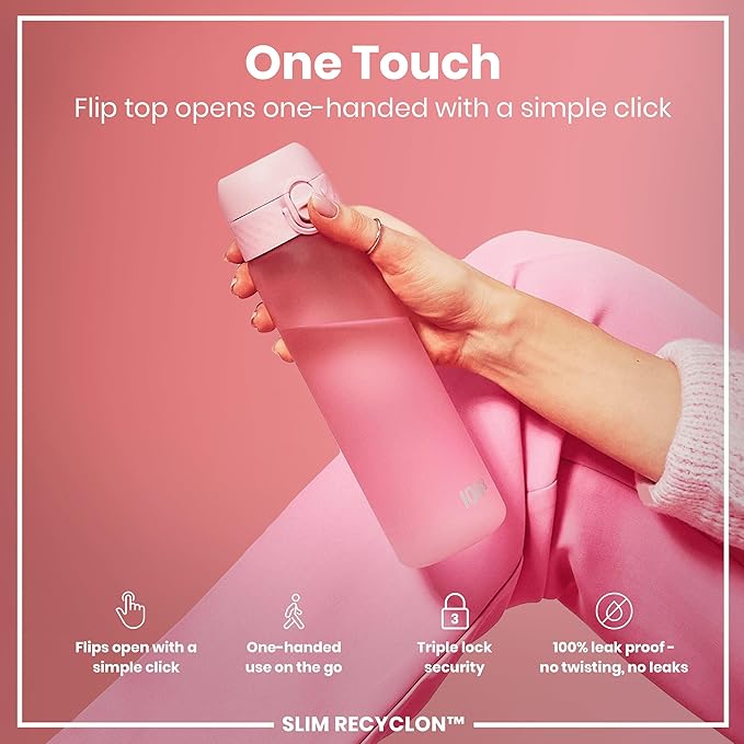 ION8 Water Bottle, 500 ml/18 oz, Leak Proof, Easy to Open, Secure Lock, Dishwasher Safe, BPA Free, Hygienic Flip Cover, Carry Handle, Fits Cup Holders, Easy Clean, Odor Free, Carbon Neutral, Rose Pink