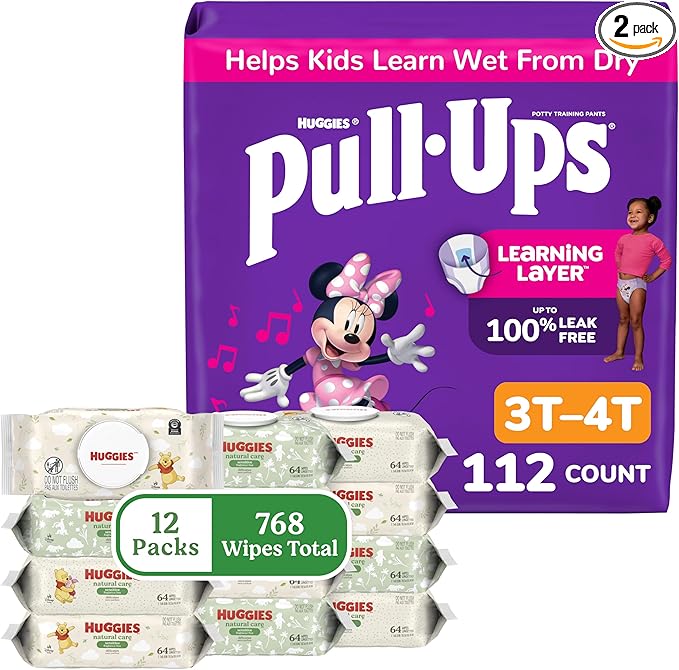 Pull-Ups for Girls + Natural Care Sensitive Wipes Bundle: Pull-Ups Training Pants, Size 3T-4T (32-40 lbs), 112 Count (4 Packs of 28) & Huggies Natural Care Sensitive Baby Wipes, 12 Packs, 768 Count
