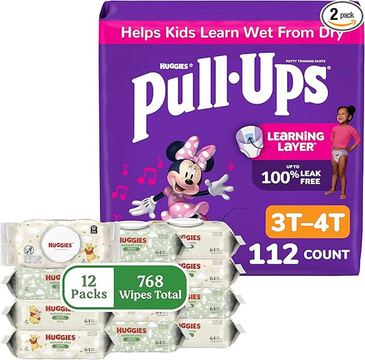 Pull-Ups for Girls + Natural Care Sensitive Wipes Bundle: Pull-Ups Training Pants, Size 3T-4T (32-40 lbs), 112 Count (4 Packs of 28) & Huggies Natural Care Sensitive Baby Wipes, 12 Packs, 768 Count