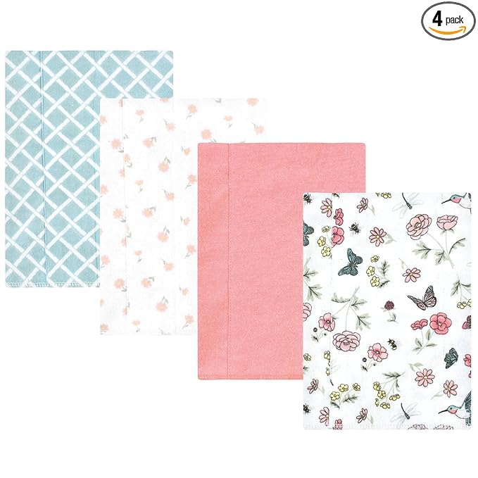 Hudson Baby Unisex Baby Cotton Flannel Burp Cloths, Hummingbird Garden 4 Pack, One Size