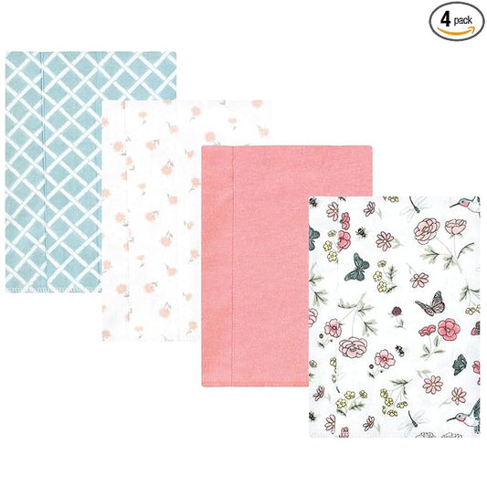 Hudson Baby Unisex Baby Cotton Flannel Burp Cloths, Hummingbird Garden 4 Pack, One Size