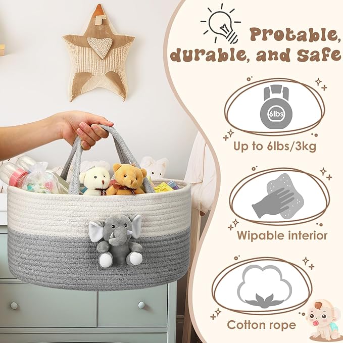 FoldTier Elephant Diaper Caddy Organizer Elephant Cart Storage for Nursery with Handle Baby Shower Basket Gift Baby Bath Caddy for Diapers Wipes Basket for Nursery(Large)