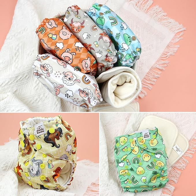 Mama Koala 3.0 Cloth Diapers for Babies with AWJ Lining, 6 Pack with 6 5-Layer Natural Cloth Diaper Inserts - Reusable and Washable Pocket Diapers(A-Farm Animals)