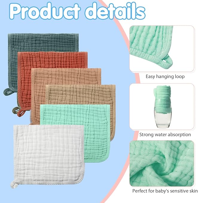 Hicarer 6 Pcs Girl Muslin Burp Cloths Cotton Burping Spit Rags Large 20 x 10 Inch 6 Layers Newborn Soft Absorbent Multicolor Wash Cloths Diapers for Baby Shower(Cute Color Series)