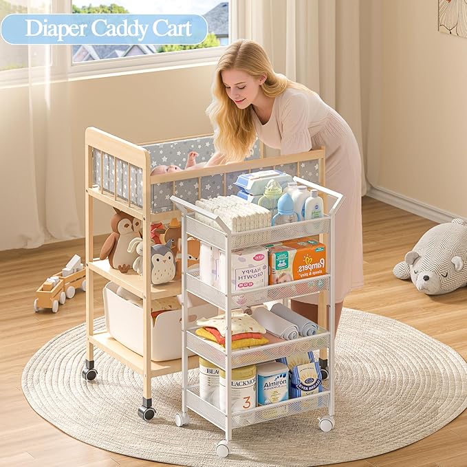 4-Tier Baby Diaper Caddy Cart, Diaper Caddy Organizer and Storage, Nursery and Baby Essentials Storage, Rolling Utility Cart for Bedroom and Bathroom, White