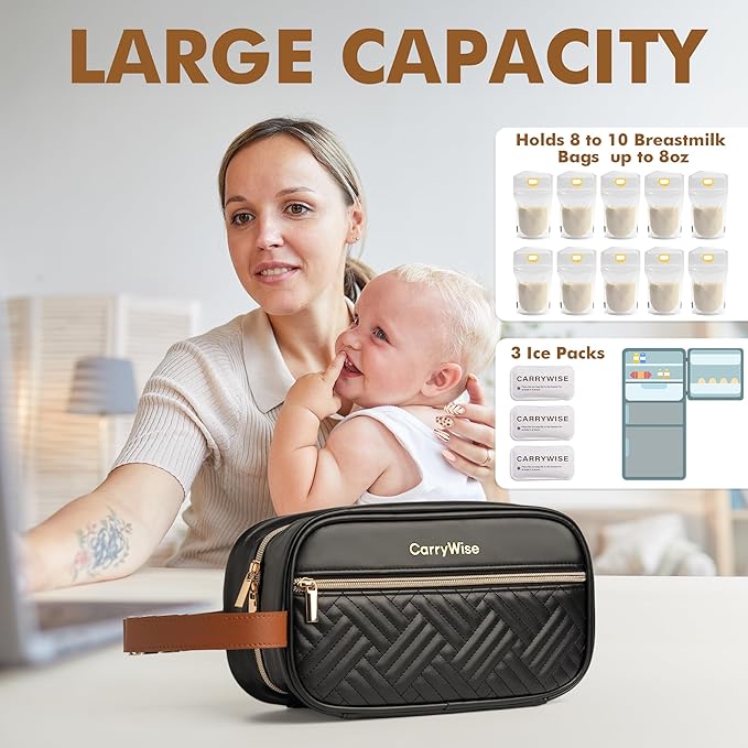 Black Breast Milk Cooler Bag – Large Capacity, Keeps Milk Cold 8+ Hours, Waterproof Insulated Travel Bag with 3 Ice Packs & Buckle Handle for Nursing Moms, Daycare, Travel