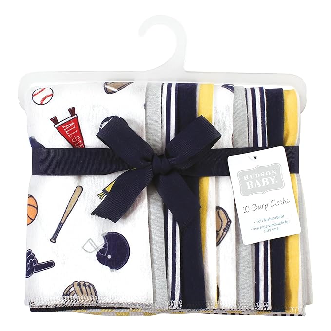 Hudson Baby Unisex Baby Cotton Flannel Burp Cloths, Sports Fan 10 Pack, One Size