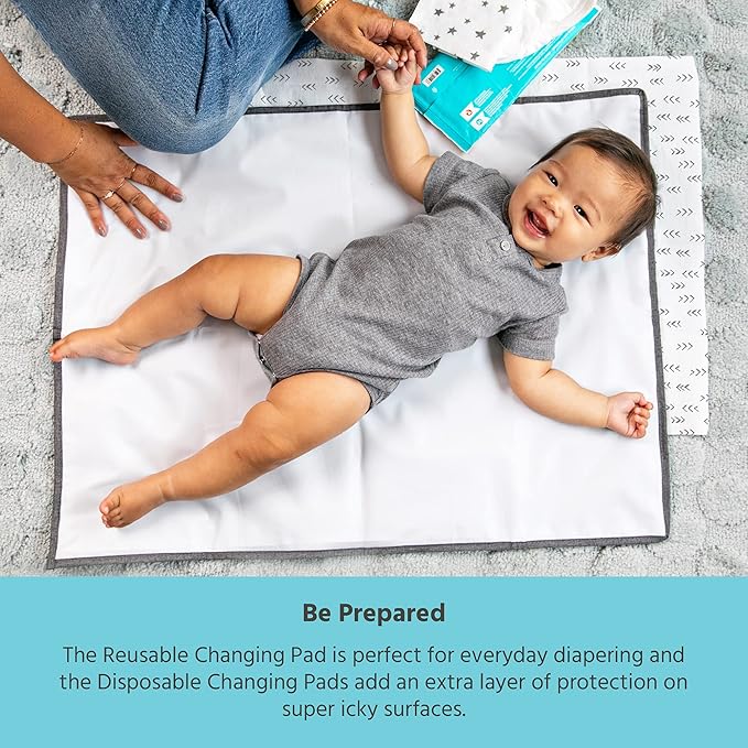 J.L. Childress Healthy Habits Portable Changing Pad Bundle for Babies - Wipeable Diaper Changing Mat for Travel + 3 Disposable Changing Pads, Baby Accessory Essentials, Foldable & Compact - Grey