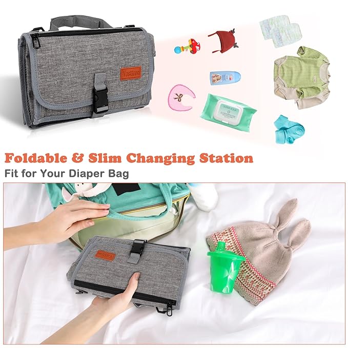 Portable Diaper Changing Pad, Newborn Diaper Changing Pad Baby Changing Pad with Smart Wipes Pocket Waterproof Travel Changing Kit for Girl Boy Baby Shower Gifts (Grey)