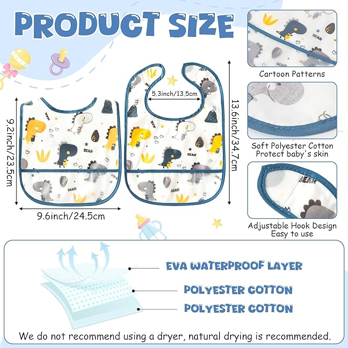 6Pcs Baby Bibs for Feeding Toddler Eating Bibs with Crumb Catcher Pocket Waterproof Sleeveless Teething Plastic Food Bib Set Adjustable Infant Keepsake Gift for Boys Baby Shower, 6-24 Months