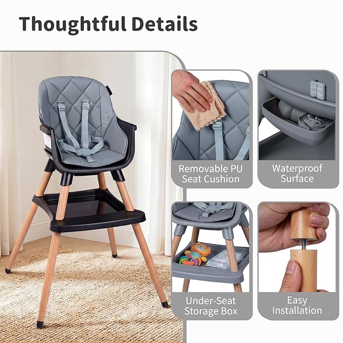 BABY JOY 8-in-1 High Chair, Convertible Wooden Highchairs for Babies and Toddlers | Dining Booster Seat | Toddler Stool, Double Removable Tray, 5-Point Safety Harness & Waterproof PU Cushion (Gray)