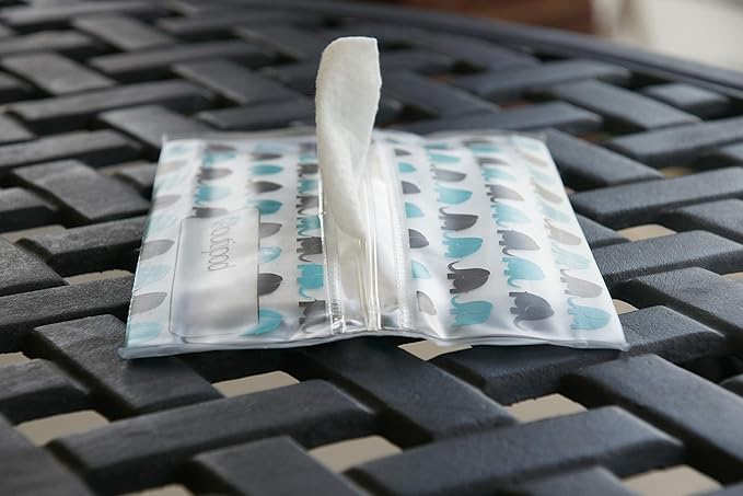 Butipods Reusable Stay Moist Wet Wipe Pouch | Slim Case Travel Holder | Great for Hand and Face Wipes | Set of 2 (Blue Elephants & Ogees)