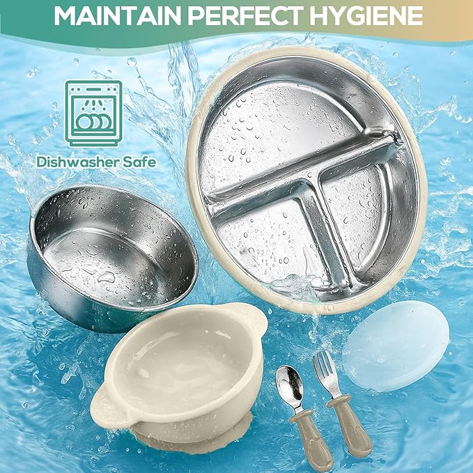 Mity rain Stainless Steel & Silicone Toddler Plates and Bowls Set with Suction,5-Piece Suction Plates & Bowls for Toddler,Removable Shell,Silicones Baby Plates for Independent Eating(Beige)