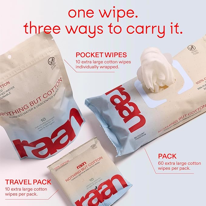 Raan, 100% Cotton TRAVEL PACK Baby & Toddler Wipes, Unbleached, 99% Purified Water, Unscented, EWG verified, Made for Sensitive Skin, Extra Soft and Durable, 12 PACK, 120 Count