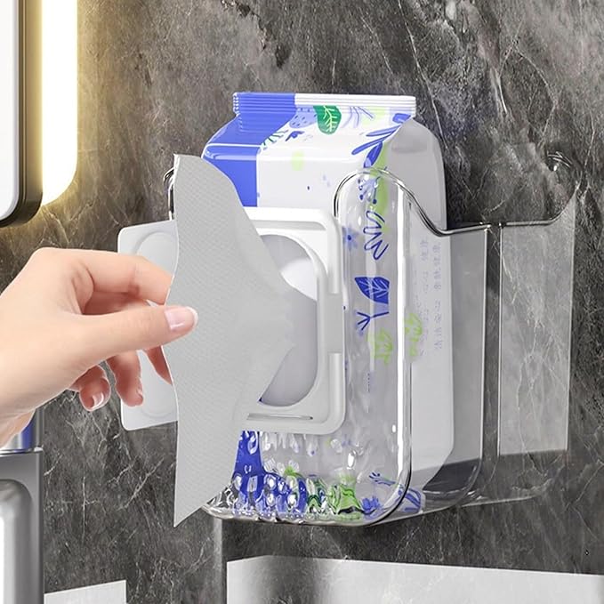 Kitchen Wipes Storage Box, 2024 New Non-Slip Flushable Wipes Holder for Bathroom Toilet, Wall-Mounted Clear Wet Tissue Dispenser Container Box No Punching Refillable Keeps Baby Wipes Fresh Case