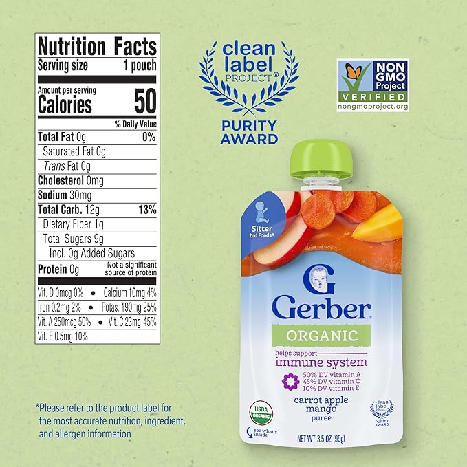 Gerber Stage 2 Baby Food, Organic Carrot Apple Mango, Baby Food Pouches, Puree Pouches, Vitamin A, C, & E Helps Support Immune System, No Artificial Flavors or Colors