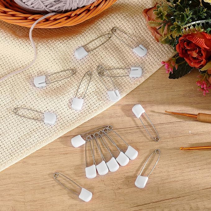 WILLBOND 100 Pcs Diaper Pins Safety 2.2 Inch Plastic Head Cloth Diaper Nappy Pins with Locking Closures Stainless Steel with Velvet Bag (White)