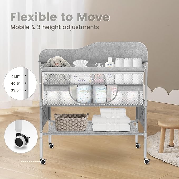 Portable Baby Diaper Changing Table, Foldable Diaper Changing Station, Waterproof Changing Table Height Adjustable Changing Station for Infant and Nursery, Mobile Changing Station