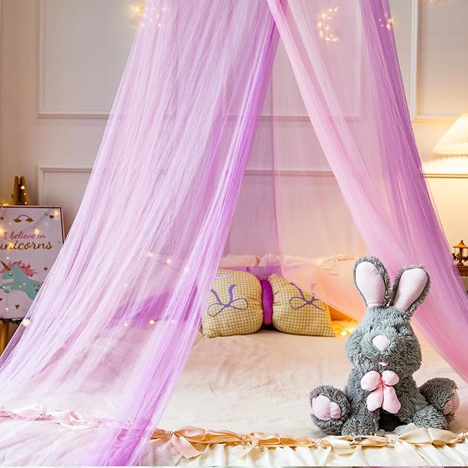 Princess White Blue Bed Canopy for Girls Bed Net,Princess Canopy for Kids Bed Room Decor (Mosquito-Pink Purple)